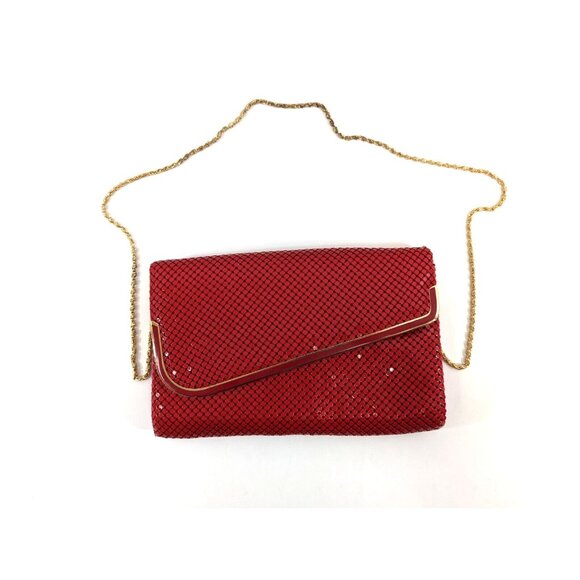 Mesh Metal Purse Clutch Crossbody Handbag Lined Red Small Bag Gold Chain - Picture 1 of 11